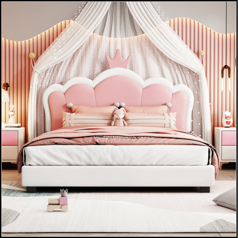 Lit princesse rembourré avec tête de lit couronne, lit plateforme élégant pour un sommeil luxueux et confortable, Lit double