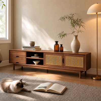 78.7" Rattan TV Stand with Drawers & Solid Wood Legs for TVs up to 85 inch, Walnut