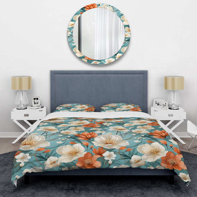 Ensemble de housse de couette à motif floral ivoire et orange, Housse de couette simple + 1 taie décorative stan