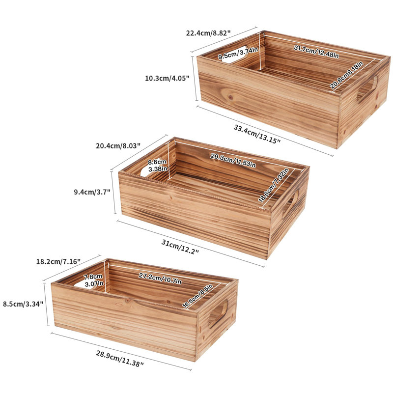 Caisses en bois pour présentation, ensemble de 3 boîtes de rangement rustiques, boîtes de nidification en bois avec poignées, pin massif, L + M + S