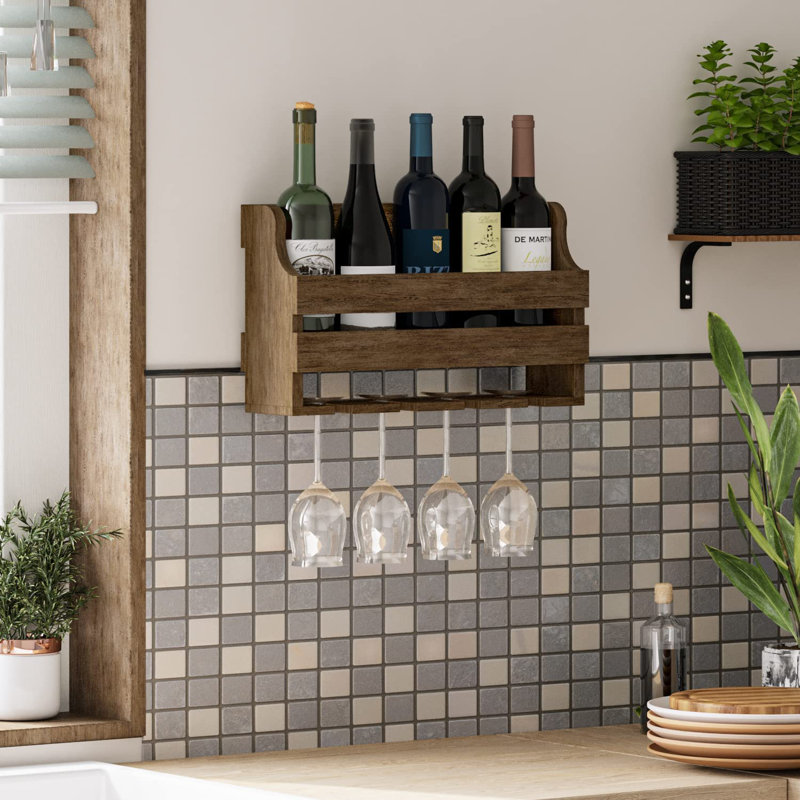 Hrahad 5 Bottle Solid Wood Wall Mounted Wine Bottle & Glass Rack in Brown