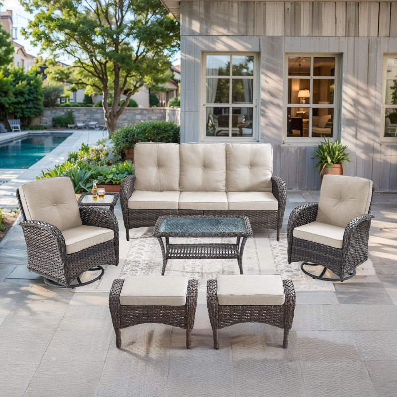 Aristil 5-Person PE Wicker Outdoor Patio Conversation Set With Swivel Glider Chair And Cushions, Beige