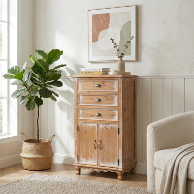 Grande armoire de rangement étroite en bois avec porte découpée décorative et trois tiroirs, organisateur de style rustique pour meubles de salon et de chambre à coucher
