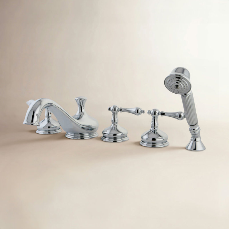 Kingston Brass Restoration Three-Handle 5-Hole Deck Mount Roman Tub Faucet with Hand Shower, Polished Chrome