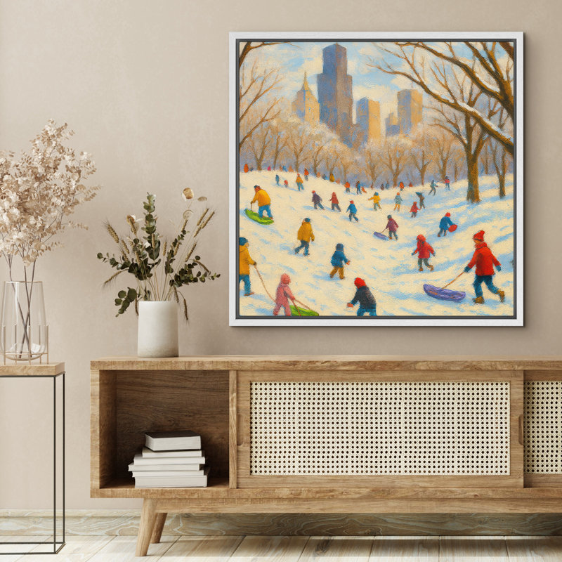 «Winter City Park Sledding Scene Wall Decor», reproduction d'art sur toile encadrée, H 24 po x l 24 po x P 1,5 po