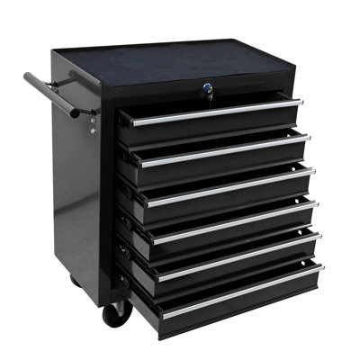 6 Drawer Tool Box On Wheels With Locking System, Industrial Cart For Garage Organization - Black Rolling Organizer Drawers And Lock,