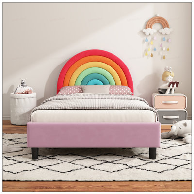 Rainbow Velvet Wood Frame Bed