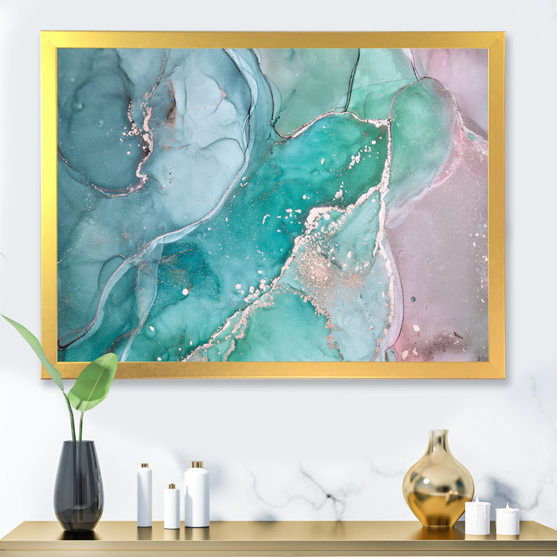Marbre abstrait turquoise - peinture sur toile, H 12 po x l 20 po, Cadre doré à coins fermés