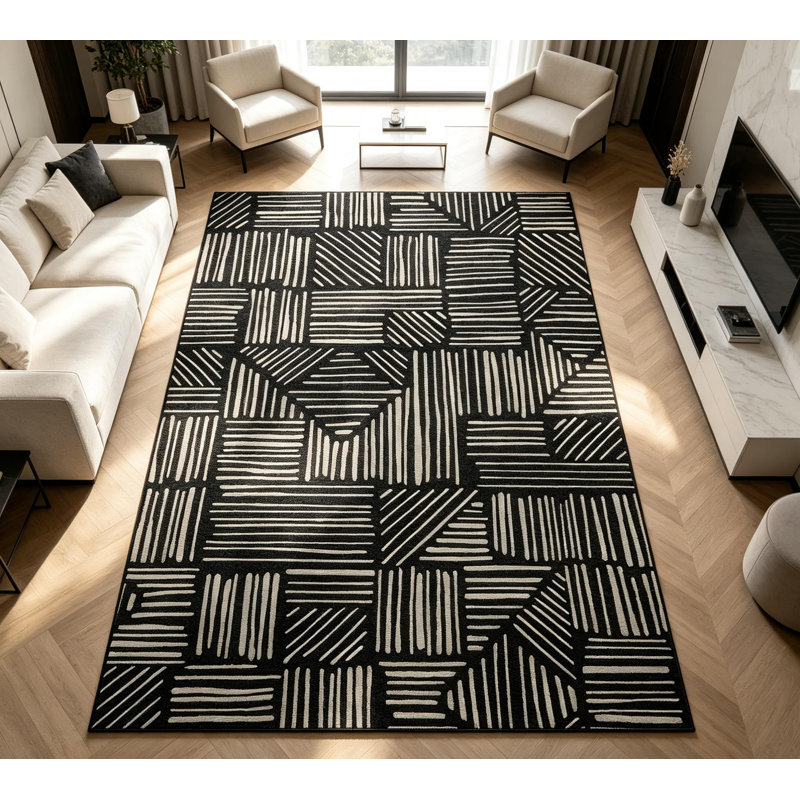 Tapis géométrique abstrait moderne lavable à la machine, tapis doux antidérapant à poils courts, Noir, 10 x 13 pi