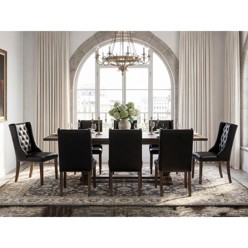 9 Piece Dining Room Table Set Includes a Rectangle Wooden Table with Removable Leaf and 8 Black Faux Leather Upholstered Chairs, Distressed Jacobean