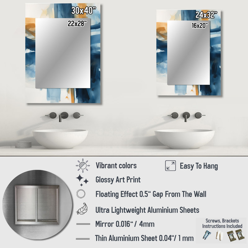 Blue and Gold Fusion VIII - Modern Rectangular Wall Mirror, 32 po x 24 po