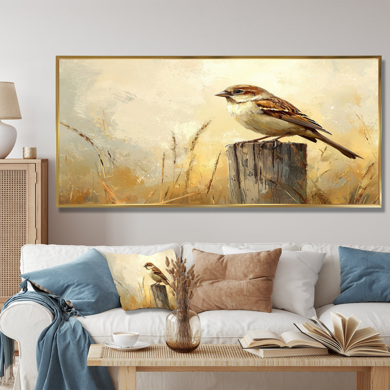 «Old Sparrow Bird On A Fence Post II», art mural sur toile, H 28 po x l 60 po, Cadre flottant, Doré