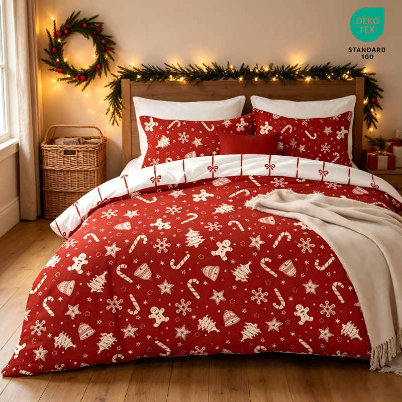 Ensemble de literie de Noël réversible avec couette, nœud papillon rouge et motif flocons de neige et sapin de Noël en microfibre douce pour le Nouvel An