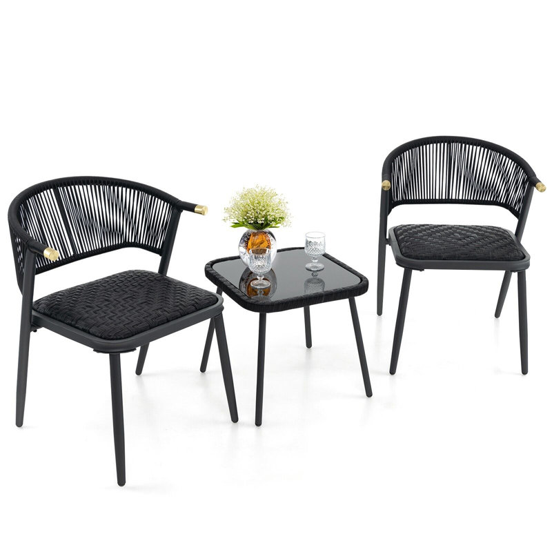 3 Piece Outdoor Wicker Furniture Set Rattan Chairs Set Of 2 W/ Table