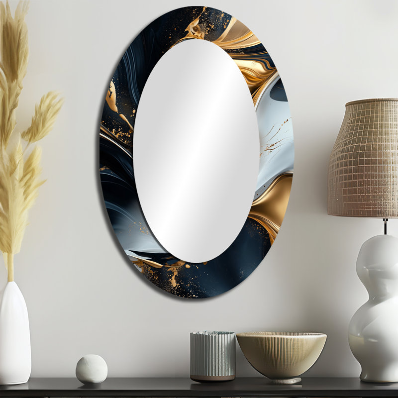 Or et noir captivant marbre I - miroir mural ovale moderne noir, 36 po x 24 po