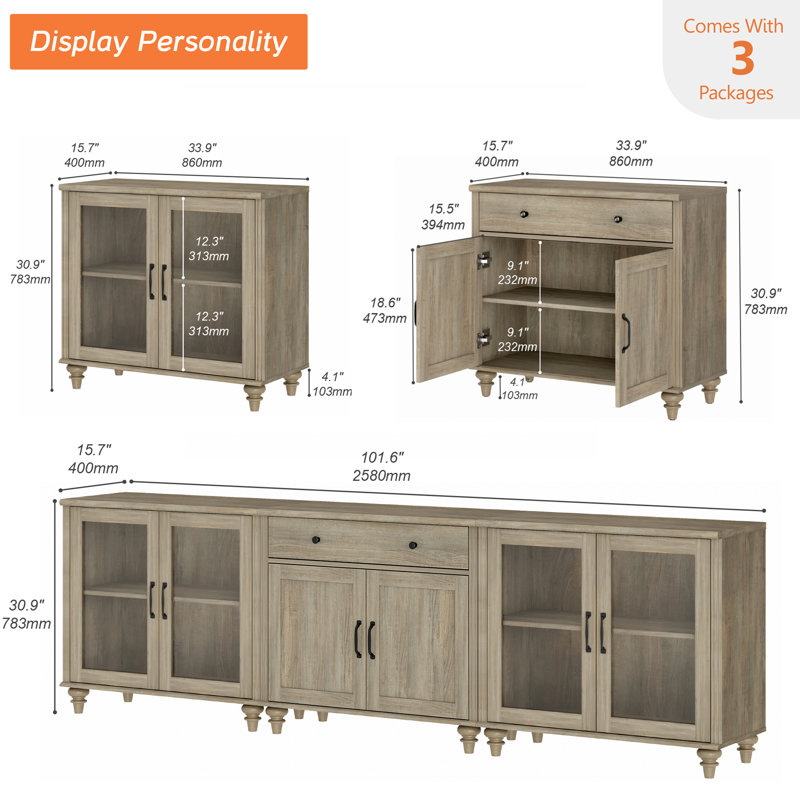 TV Stand For 100 Inch TV, 3-In-1 TV Console Table For 75/80/85/90 Inch TV, Entertainment Center With 6 Doors And A Drawer, Kitchen Sideboard Buffet Cabinet For Dining Room, Wash Gray