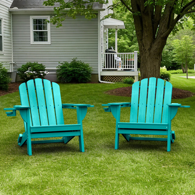 Oversize Foldable Adirondack Chair HDPE Weather-Resistant Firepit Chair With Cup Holder, Lake Blue