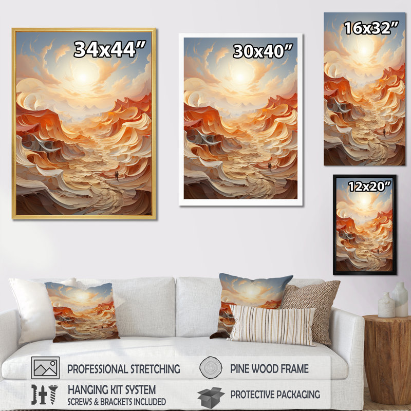 Reproduction sur toile de paysage de sable en spirale surréel, H 44 po x l 34 po x P 1,5 po, Cadre flottant noir