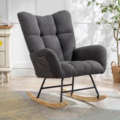 Modern Tufted Teddy Fleece Rocking Chair with Side Pocket, Glider Chair for Nursery & Living Room, Comfy Upholstered Rocker with Wood Sled Base& Metal Frame( Grey)