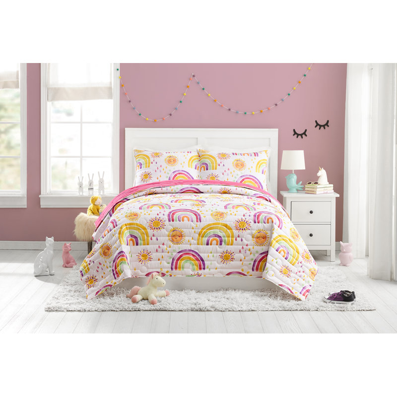 Rainbow & Suns Pink Reversible Microfiber Quilt Set, Twin Quilt + 1 Sham
