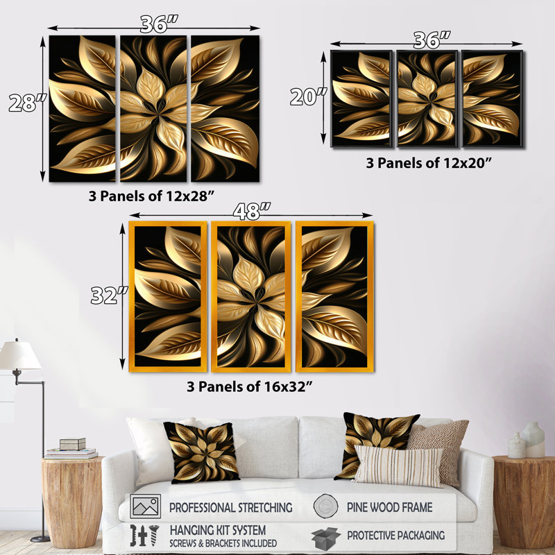 «Golden Lily On Black III», reproduction sur toile 3 pièces, H 28 po x l 36 po x P 1 po, Toile encadrée noire