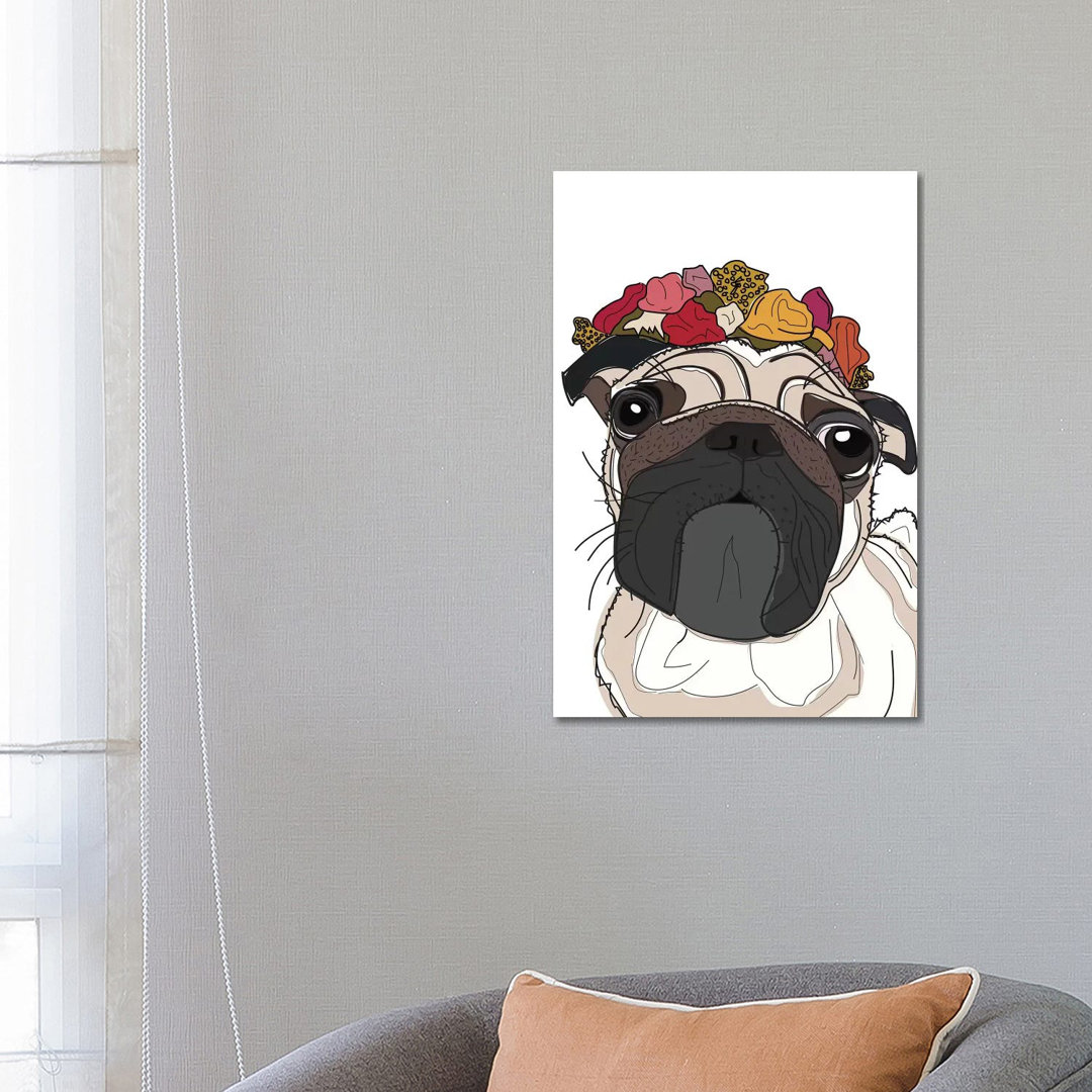 Mops mit Blumen von Sketch And Paws - Galerie-verpackte Leinwand Giclée auf Leinwand