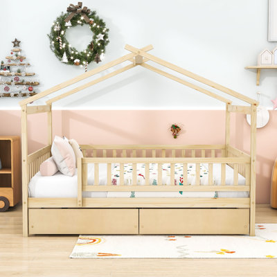 Ansam House Bed with Storage Drawers and Roof