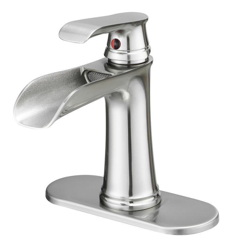 Contemporary Sink Tap - Waterfall Spout With Deck Mounted, Pop Up Drain, Brushed Nickel, Single Hole, Side , Cartridge Valve, Handle, Bath Faucet Geometric Shape, Refresh Ideas