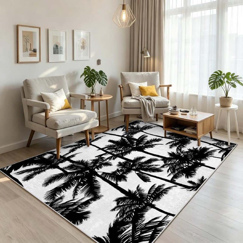 Tapis blanc lavable à la machine, palmiers noirs dessinés pour l'intérieur, Rectangle 71 po x 98 po