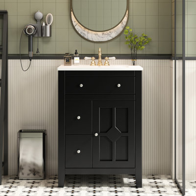 Meuble-lavabo moderne de 24 pouces, lavabo en céramique, porte d'armoire, deux tiroirs pour meuble-lavabo avec esthétique champêtre, charnières, lotions pour le corps profond