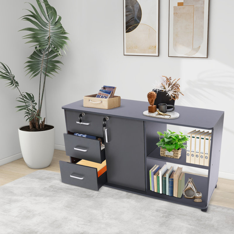 Mobile Freestanding File Cabinet For Home Office With Lock, Grey