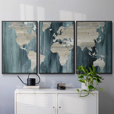 Navy World Map - Multi Piece Framed Canvas
