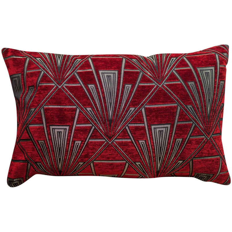 Art Deco Geometric Velvet Chenille Cushion in Red and Silver, 58x38cm, Feather filled