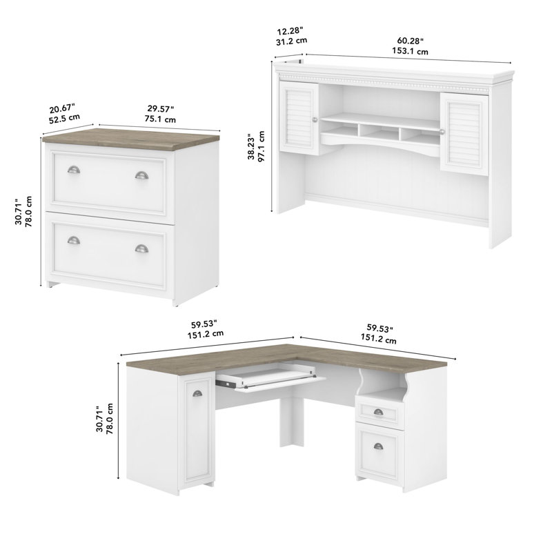 Huckins 3 Piece Computer Desk Office Set, Shiplap Gray/Pure White
