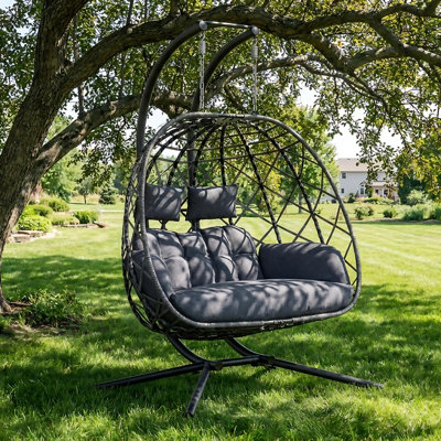 Ecolounge Modern Bohemian 2-Person Swing Chair with Stand, 650 lb Capacity, All-Weather Indoor/Outdoor Double Egg