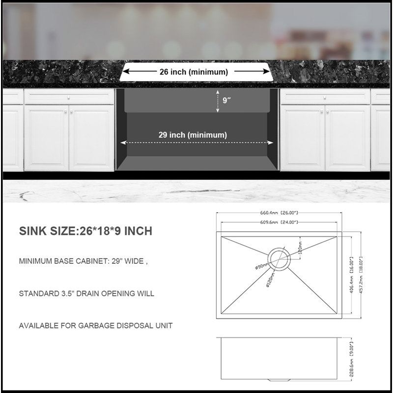 Évier de cuisine encastrable 26 po - Évier de cuisine encastrable 26 po x 18 po x 9 po en acier inoxydable de calibre 18 et 9 pouces de profondeur