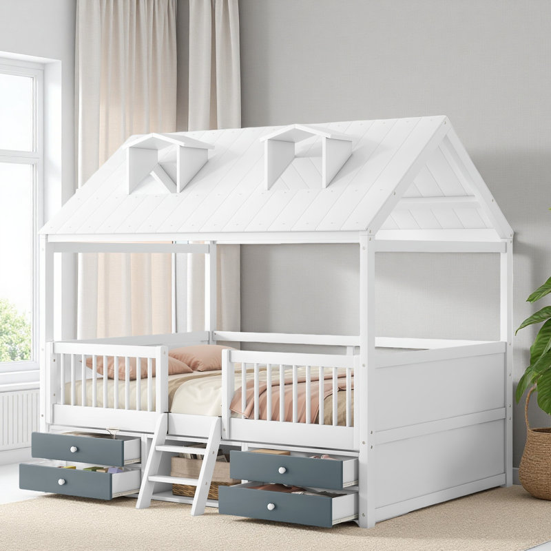 Wood Bed House Bed Frame, Full, White