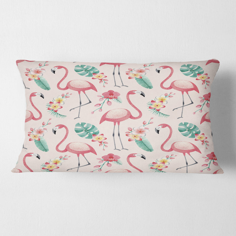Coussin tropical botanique, fleurs et flamant rose ii