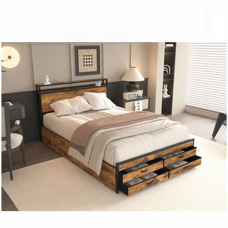 Storage Bed with 8 Storage Drawers,LED Headboard with Charging Station, Full/Double