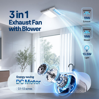 160 CFM DC Motor Bathroom Exhaust Fan with Humidity Sensor & LED Light, 3 Color Temperatures, Remote Control, Oscillating Louver