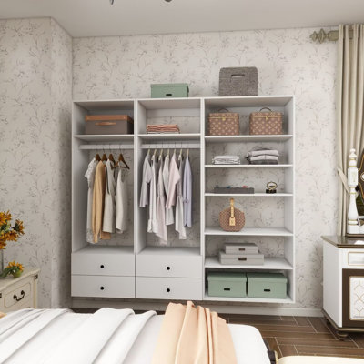 White Modular Walk in Closet Organizer System with 2 rods 8 shelves and 4 drawers