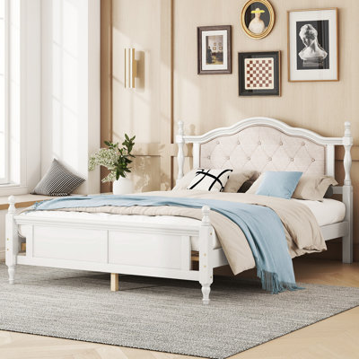 Queen Pine Wooden Bed With Upholstered Headboard  And Panel Footboard, With  Two Bed Rail Support Feet And Central Platform Support Feet ,White