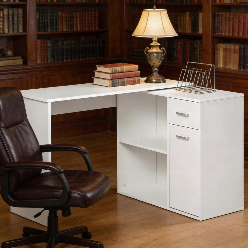 Bureau d'angle en L pour poste de travail à domicile, Blanc