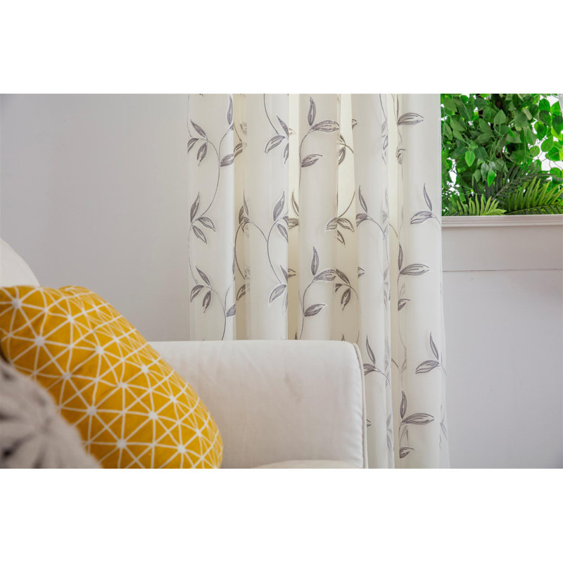 Zapata Leaf Embroidered Voile Curtains Pencil Pleat Pair, 229cm Width x 229cm Drop, Silver