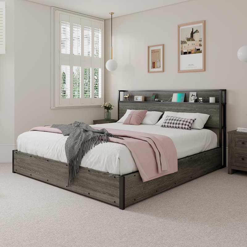 Lift Up Storage Wood Bed with Charging Station, Full, Rustic Gray