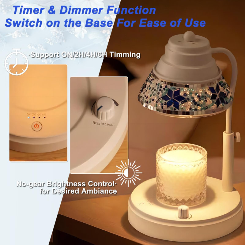 Lampe électrique pour bougie avec abat-jour en diamant coloré, latte de fusion à cire avec minuterie et gradateur, lampe de fusion à bougie à hauteur réglable (blanc)