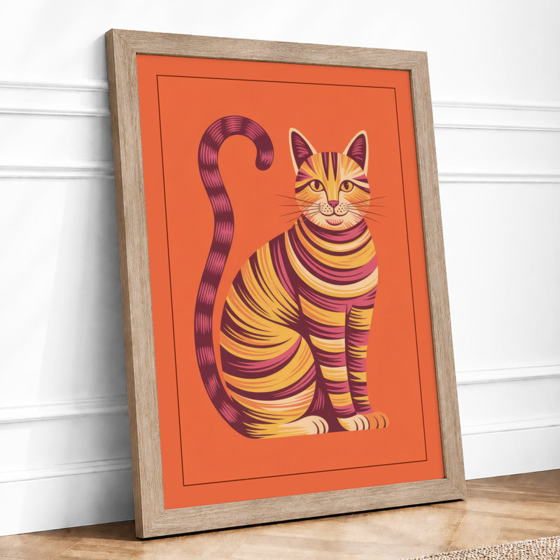 Striped Cat in Orange Modern - Framed Print, A2 - 59.4 x 42.0 cm, Oak