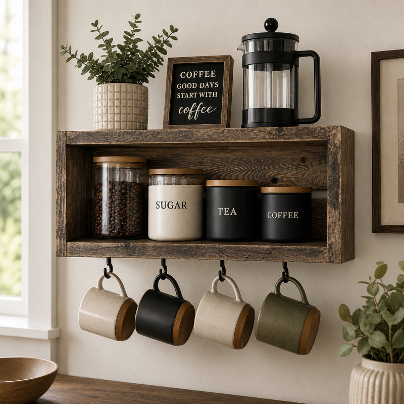 Organisateur mural de bar à café / thé Rustic, Dark Walnut, 20 Inch Width