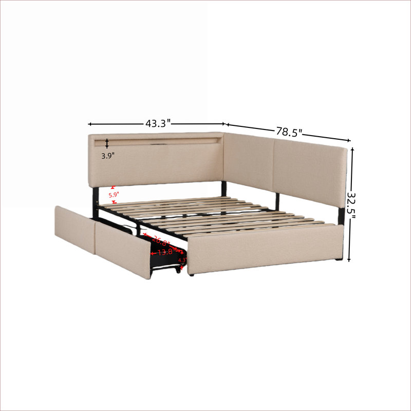 Lit plateforme tapissier chaud et beige avec rangement de style simple Mid-Century