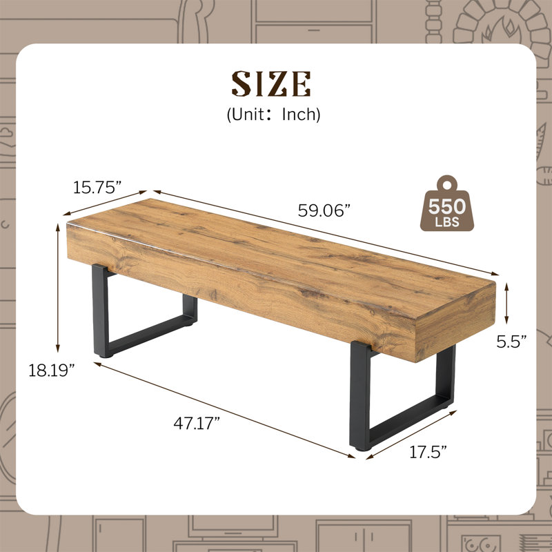 Banc en bois l 59 po avec base en métal et patins antidérapants, Brun